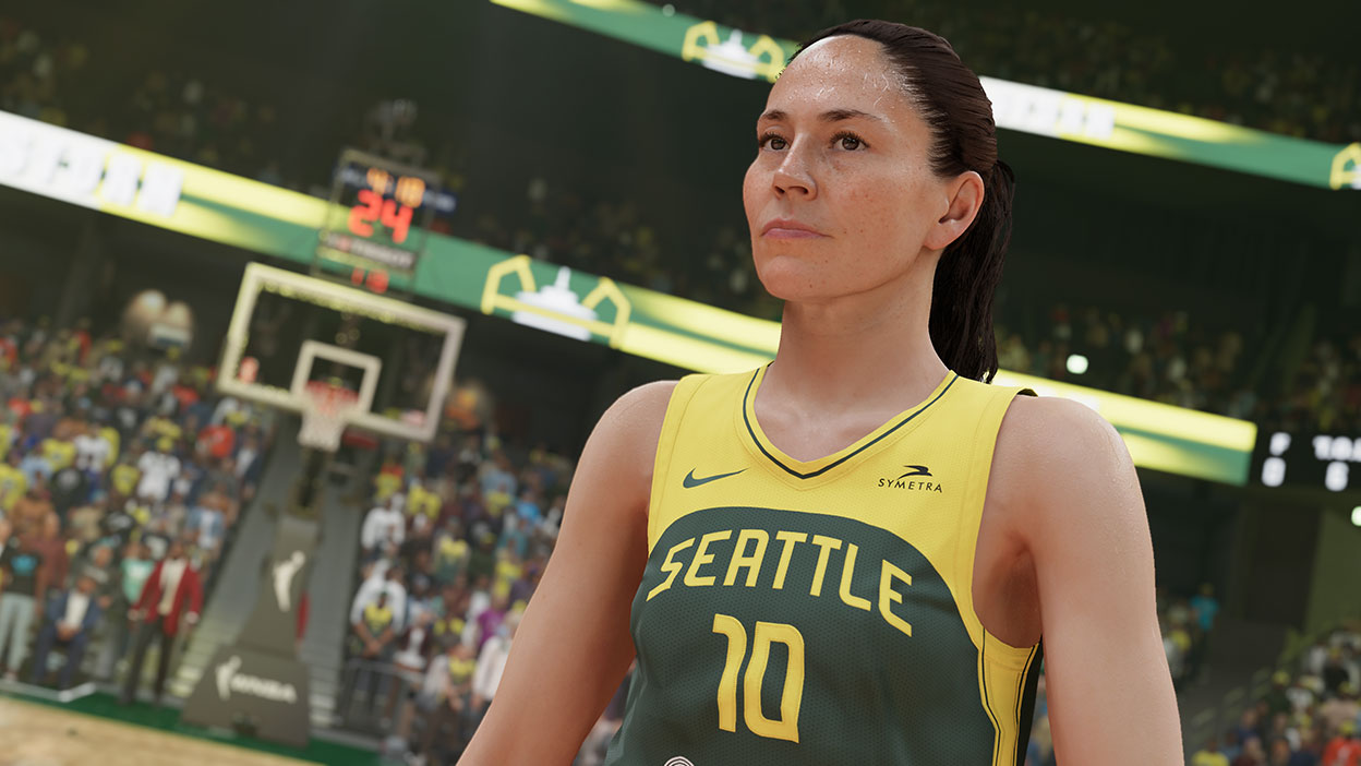 A player is sweating on the court against a backdrop of viewers